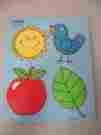 180-03 Playskool Vintage 4 Pc Wood Wooden Puzzle Colors Sun Bluebird Apple Leaf