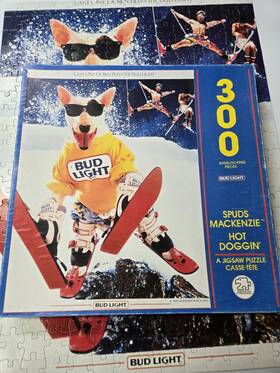 American Publishing 078581067095 Vintage 1987 Spuds Mackenzie Hot Doggin Snow Ski Bud Light 300 Pc Jigsaw Puzzle