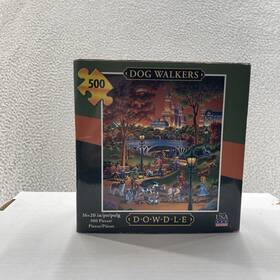 Dowdle Folk Art 671095002301 Dog Walkers Jigsaw Puzzle 500 Piece 16x20 Poster Evening City Park Scene