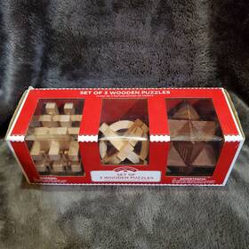 Holiday Time 638688384398 Set Of 3 Wooden Puzzles Brain Teasers Natural Wood Toy