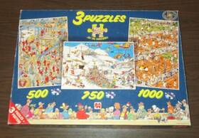 Jumbo 710126801895 Vintage Jan Van Haasteren 3 Puzzles 500/750/1000 Pcs With Posters Complete