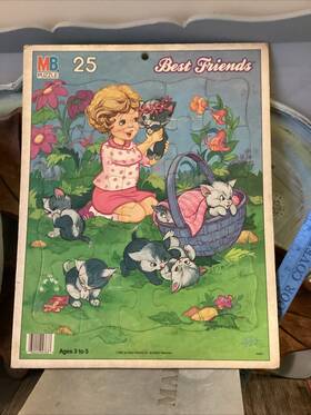 Milton Bradley 032244047633 Vintage 1987 Best Friends Girl With Kittens Puzzle 25pc Frame Tray