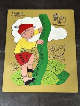 186-12 Playskool Vintage Jack And The Beanstalk Wood Inlaid Puzzle 22 Pieces Tray