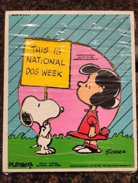 230-13 Playskool Wood Tray Puzzle #230-13 National Dog Week 9 Pieces 1958 Snoopy Lucy