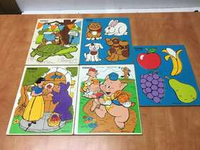 290-01 Playskool Vintage Wood Puzzle Lot Of 5 Snow White Little Pigs Pets Fruits Hare