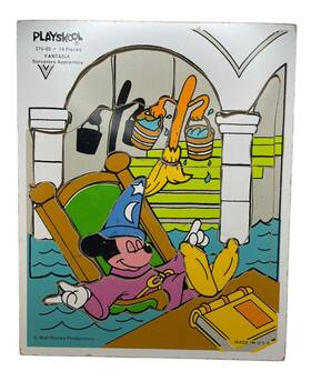 375-02 Playskool Vtg Fantasia Mickey Mouse 18 Pc Wooden Puzzle Disney Usa