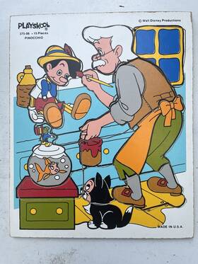 375-06 Playskool Vtg Pinocchio 15 Pc Wooden Puzzle Walt Disney Productions Usa