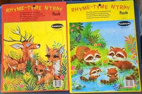 Puzzletyme 076554710009 Lot 2 Vintage Rhyme-tyme Nft Tray Puzzle Cricket Usa Deer Racoon 1970s