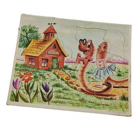 Vintage 76dc1ed1-3184-43 1963 Screen Process Press Worms Going To School Cardboard Jigsaw Puzzle