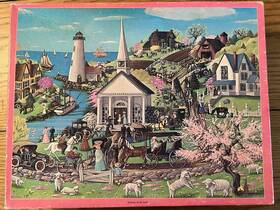 Whitman 033500046568 Vintage Puzzle Spring In Bloom Seaside Village Harbor Our Town 600pc
