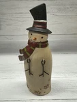 Hand Carved Wooden Snowman Figurine With Batik Design Winter Holiday Decor. Fixed Price $26.00.
