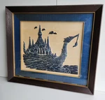 Vintage Thai Temple Embossed Rubbing Print Asian Artwork Wooden Frame 30" X 26". Fixed Price $140.00.