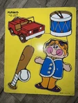 Vintage Playskool Wooden Puzzle 4 Pcs My Toys Jeep, Drum, Bat/ball, Doll #180-09. Fixed Price $8.00.