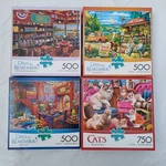 Buffalo Jigsaw Puzzles, Lot Of 4, 500/750 Pieces, Americana, Country Cats. Fixed Price $18.00.