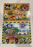2 Vintage 90S Kids Wood Peg Puzzles Farm & Emergency Vehicles Small World Toys. Fixed Price $20.00.