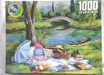 Picnic By The River Comp 1000 Pc Puzzle Bridge Blanket Umbrella Basket Boat. Fixed Price $13.96.