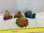 Four 4 Wooden Jigsaw Cut Puzzle Handmade Toy Sailboat, Seal, Dolphin, Bird. Fixed Price $12.99.