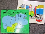 Vintage Wood Board Puzzles Playskool Hippo #275-38 & Fisher Price City #557. Fixed Price $18.25.