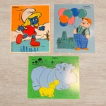 Lot Of 3 Vintage 1980S Playskool Wooden Puzzles Smurfs, Balloon Man, Hippo. Fixed Price $20.00.