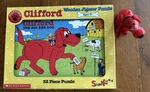 LOT/2 Scholastic Clifford Big Red Dog 32 Pc Wooden Jigsaw Puzzle + Action Figure. Fixed Price $13.50.