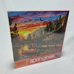 Springbok Jigsaw Puzzle 1000PC Cabin Evening Sunset Complete Canoe Cat Dog. Fixed Price $13.28.