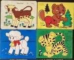 4 Vtg 1970'S Wooden Puzzles Of Animals Playskool, Fischer-price & Connor Toy. Fixed Price $30.00.