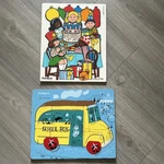 Vintage Playskool 2 Wooden Tray Puzzles Birthday Party 355-03 School Bus 330-18. Fixed Price $20.00.