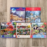 Lot Of 5 Jigsaw Puzzles 300 Large Pieces Mixed Brands Christmas Animals Hometown. Fixed Price $34.99.