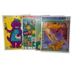 Vintage Frame Tray Puzzles, Barney, The Lion King, Barbie, Shapes. Golden & Mb. Fixed Price $24.00.