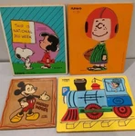 4 Wooden Puzzles Mickey Mouse + 3 Playskool Snoopy Peppermint Patty Steam Train. Fixed Price $25.00.