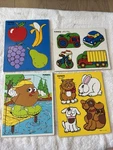 Lot Of 4 Vtg Playskool Wooden Puzzles- My Pets, Fav Fruit, Things Wheels, Lumpy. Fixed Price $13.59.