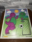 Vintage Playskool Barney Wooden Puzzle 1997 Playing Soccer With Baby Bop 90'S. Fixed Price $15.00.