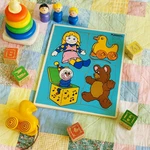 Vintage 1986 Playskool Wooden Puzzle Playthings 4-PIECE Toy Theme Ages 1-3. Fixed Price $25.00.