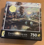 Thomas Kinkade Painter Of Sunset On Lamplight Lane Metallic 750 Pc. Puzzle. Fixed Price $21.00.