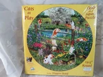 Sunsout 500-PIECE 19.5" Round Jigsaw Puzzle Cats Play Higgins Bond Sealed Box. Fixed Price $14.95.