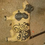 Wooden Hand Carved Cow Figurine Collectible Black Cream Swirl Design. Fixed Price $12.00.
