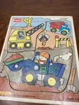 Vintage Playskool Wooden Puzzle Let's Build Bulldozer Truck Construction 180-01. Fixed Price $10.00.