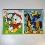 Vintage Wooden Puzzle Playskool Grocer #315-19 & Huey, Dewey, Louie #190-14. Fixed Price $8.50.
