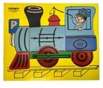 Vintage Playskool 275-34 Locomotive Wooden Puzzle Train Yellow Blue Red. Fixed Price $9.95.